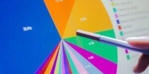 A person is pointing to a pie chart on the screen.